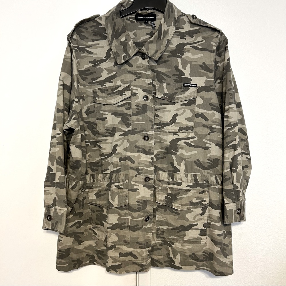 DKNY Jeans Camo Utility Denim Jacket (Rosemary I)2X Green 27”chest 32” long NWOT